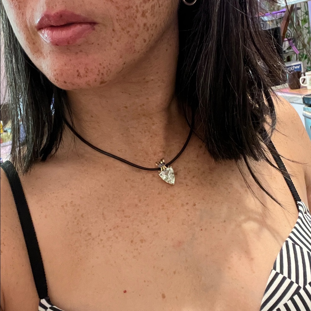 🥬SHOWING🥬Solid 14K & Brown leather cord necklace, w/ 10K Prasiolite pendant